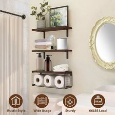 the bathroom is decorated in white with brown accents and features toilet paper, washcloths, tissue rolls, and a mirror