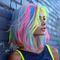 Lisa Frank Hair Color, Neon Hair Dye, Hair Color Placement Ideas, Neon Hair Color Ideas, Funky Hair Color Ideas, Purple And Teal Hair, Fun Colored Hair, Multicolor Highlights, Neon Pink Hair