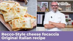 a man standing in front of a cutting board with food on it and the words focaccia al formaggio di eiz rocchi