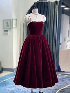 Burgundy Gown For Prom Banquet, Burgundy A-line Evening Dress For Prom, Tea Length Evening Dress For Prom Season, Tea Length Formal Dresses, Burgundy Homecoming Dress, Tea Length Prom Dress, Prom Dress Burgundy, Burgundy Evening Dress, Velvet Party Dress