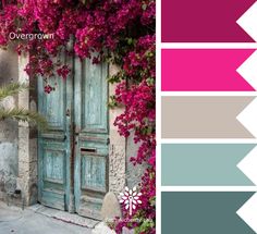 an image of a house with flowers on the outside and color swatches in front