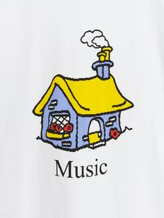 a white t - shirt with a blue and yellow house on the front, says music