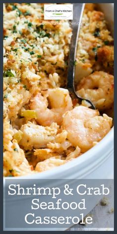 shrimp and crab seafood casserole in a white dish