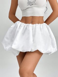 Solid Color Low Waist Pleated Bubble Fower Mini Skirt White Casual   Polyester Plain Flared Non-Stretch  Women Clothing, size features are:Bust: ,Length: ,Sleeve Length: White Bubble Skirt, Puffball Skirt, Low Waist Skirt, Deconstructivism, Bubble Skirt, Photoshoot Outfits, Kids Sleepwear, Kids Beachwear, Low Waist