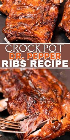 crock pot dr pepper ribs recipe on a black plate with a fork in it