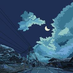 the night sky is full of clouds and power lines