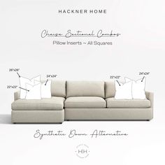 a sectional sofa with pillows and measurements for it