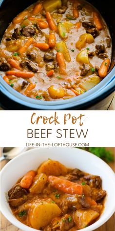 crock pot beef stew in a white bowl with carrots and potatoes