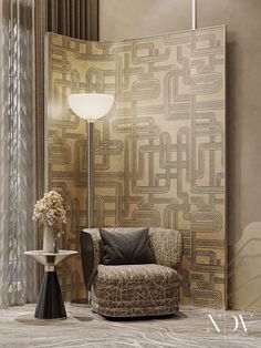 a chair and table in front of a wall with an art deco pattern on it