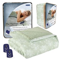 an electric blanket and remote control are shown in front of the box with the cover open