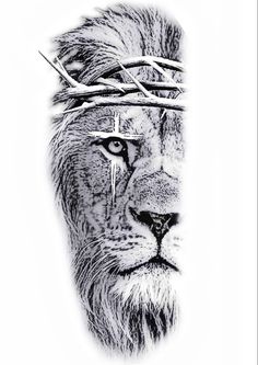 a black and white photo of a lion with a crown on it's head