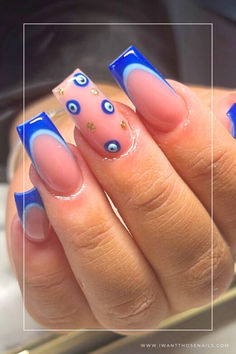 Evil Eye Nails Simple Nail Designs Evil Eye, Blue Or Pink Nails, Holiday Nails Turkey, Nails For Turkey Holiday, Funky Nails 2024, Evil Eye Nail Art Design, Summer Nails For Greece, Square Nails Evil Eye, Nails Blue Evil Eye