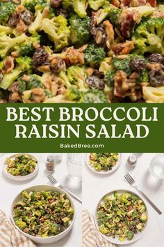 broccoli raisin salad is shown in this collage