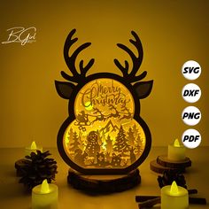 an illuminated deer head with the words merry christmas surrounded by candles and pine cones on a yellow background