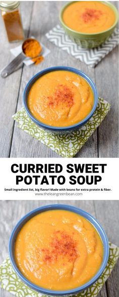 two bowls filled with soup sitting on top of a wooden table