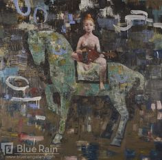 a painting of a child sitting on a horse that is painted in different colors and shapes