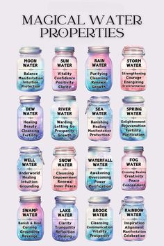 the magic water properties are shown in different jars and labeled with words that spell out how to use them