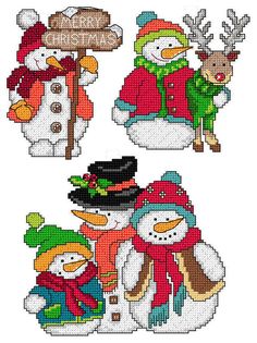 three snowmen with hats, scarfs and scarves