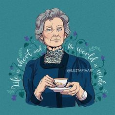 an older woman holding a cup and saucer with the words albert and the world around her