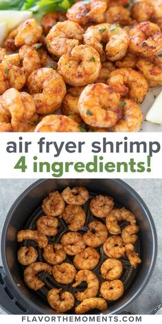 air fryer shrimp recipe with text overlay that says air fryer shrimp 4 ingredients