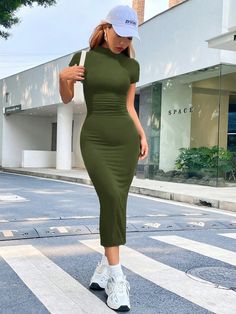 Solid Mock Neck Bodycon Dress Army Green Casual  Short Sleeve Knitted Fabric Plain Fitted Slight Stretch  Women Clothing, size features are:Bust: ,Length: ,Sleeve Length: Brown Bodycon Dress, Mock Neck Bodycon Dress, Body Con Dress Outfit, Neck Bodycon Dress, Women Midi, Women Long Dresses, Brown Fashion, Classy Dress, Womens Midi Dresses