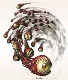 an artistic painting of a tree with lots of balls in the air and water around it