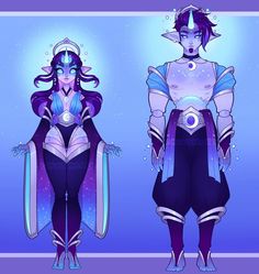 two different views of an alien woman in purple and blue outfits, one with her hands on her hips