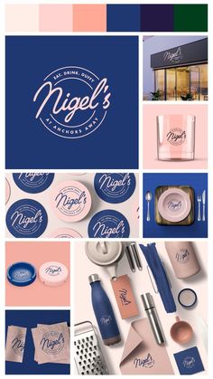 a collage of photos with different items and colors on it, including the logo for nigel's