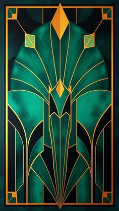 an art deco painting with green and gold colors