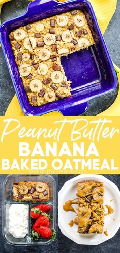 banana baked oatmeal in a blue baking dish with strawberries and bananas