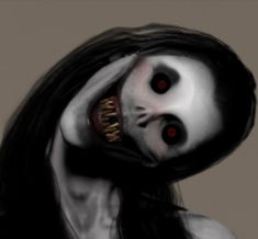 a woman with long black hair and white makeup is wearing a creepy mask while looking at the camera