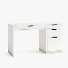 a white desk with three drawers on the bottom and one drawer at the top, against a white background