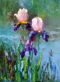 an oil painting of purple and white flowers by the water's edge with green grass