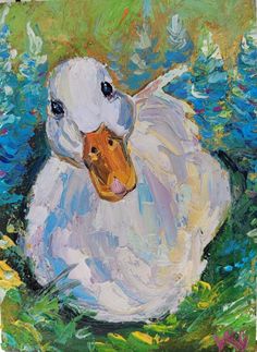 an oil painting of a duck in the grass