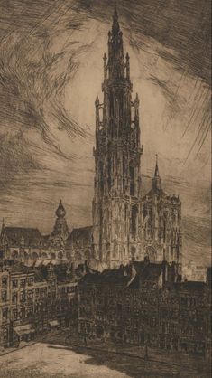 this is an old drawing of a large building in the middle of a city with tall spires