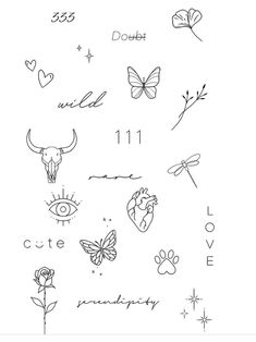 the back side of a sheet with tattoos on it and flowers, butterflies, and hearts