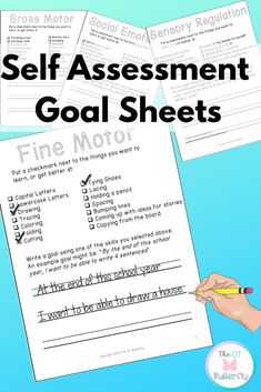 a hand holding a pen over a sheet of paper that says self assignment goal sheets