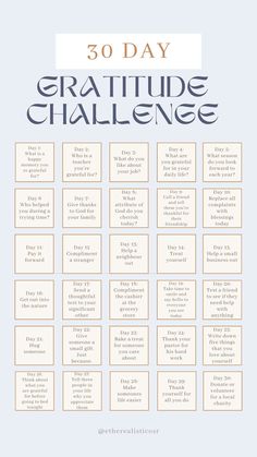 the 30 day gratitude challenge is shown in blue and white with an orange border around it