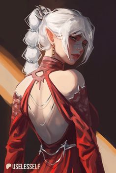 an image of a woman with white hair and red dress on her back, in front of