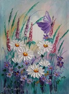 a painting of white daisies and purple flowers with a butterfly in the sky above