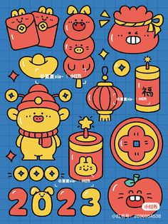 cartoon character stickers with numbers and symbols for the year of the pig on blue background