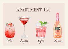 an illustration of different types of cocktails with the words apartment 13 4 written on them