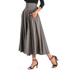 Dark Gray High Waisted Swing A-line Maxi Skirt Long Skirt Casual, Long Skirt Fashion, Umbrella Skirt, Retro Skirt, High Waisted Pleated Skirt, Skirt Casual, Womens Maxi Skirts, Long Skirts For Women, Half Skirt