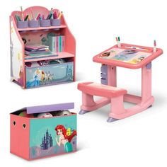 Cater to your little ones creative side with this Disney Princess 3-Piece Art & Play Toddler Room-in-a-Box by Delta Children! A versatile set covered in lovable Princess graphics makes it easy for kids to draw, paint, play and learn, while at the same time develop imagination, creativity and hands-on ability. This all-in-one art and play solution includes a Draw & Play Desk, Art & Storage Station and Fabric Toy Box. The Draw & Play Desk is a colorful spot to paint or draw. This sturdy art desk w Toddler Disney Princess Room, Disney Princess Baby Room, Disney Princess Toddler Room, Princess Room Ideas Toddler, Disney Princess Room Ideas, Toddler Princess Room, Disney Princess Room Decor, Princess Kids Room, Disney Princess Room