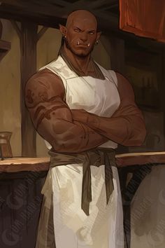 a man in an apron is standing with his arms crossed