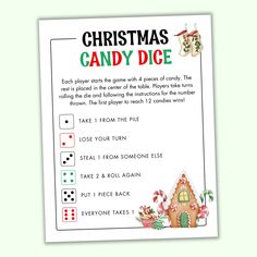 a christmas candy dice game is shown with instructions for it to play on the board