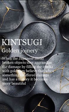 a bunch of black and gold plates on top of each other with the words kintsugi written above them