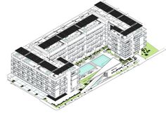 an architectural drawing of a building with solar panels on the roof and swimming pool below