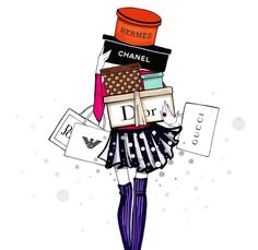 a drawing of a woman with lots of items on her head and the words chanel