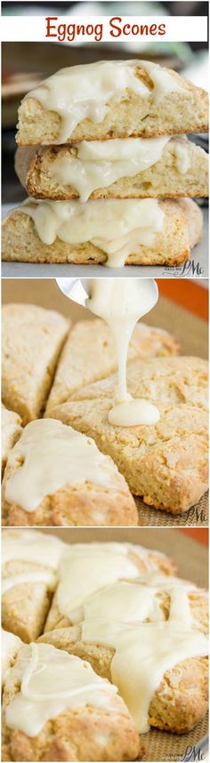 an eggnog scones is being drizzled with white icing